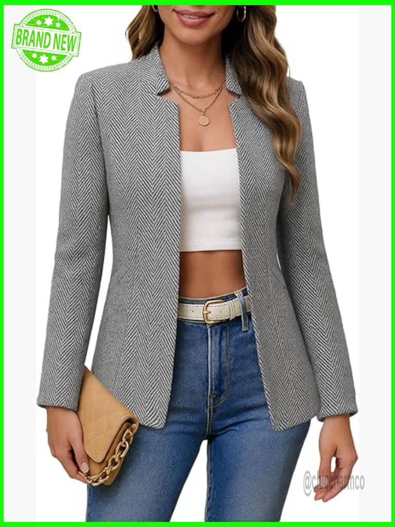 Herringbone Tweed Blazer Jacket - Open Front Notch Collar Full-Lined Slim Fit